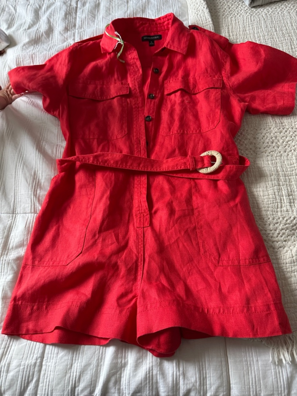 Banana Republic Red Short Sleeve Linen Romper with Belt